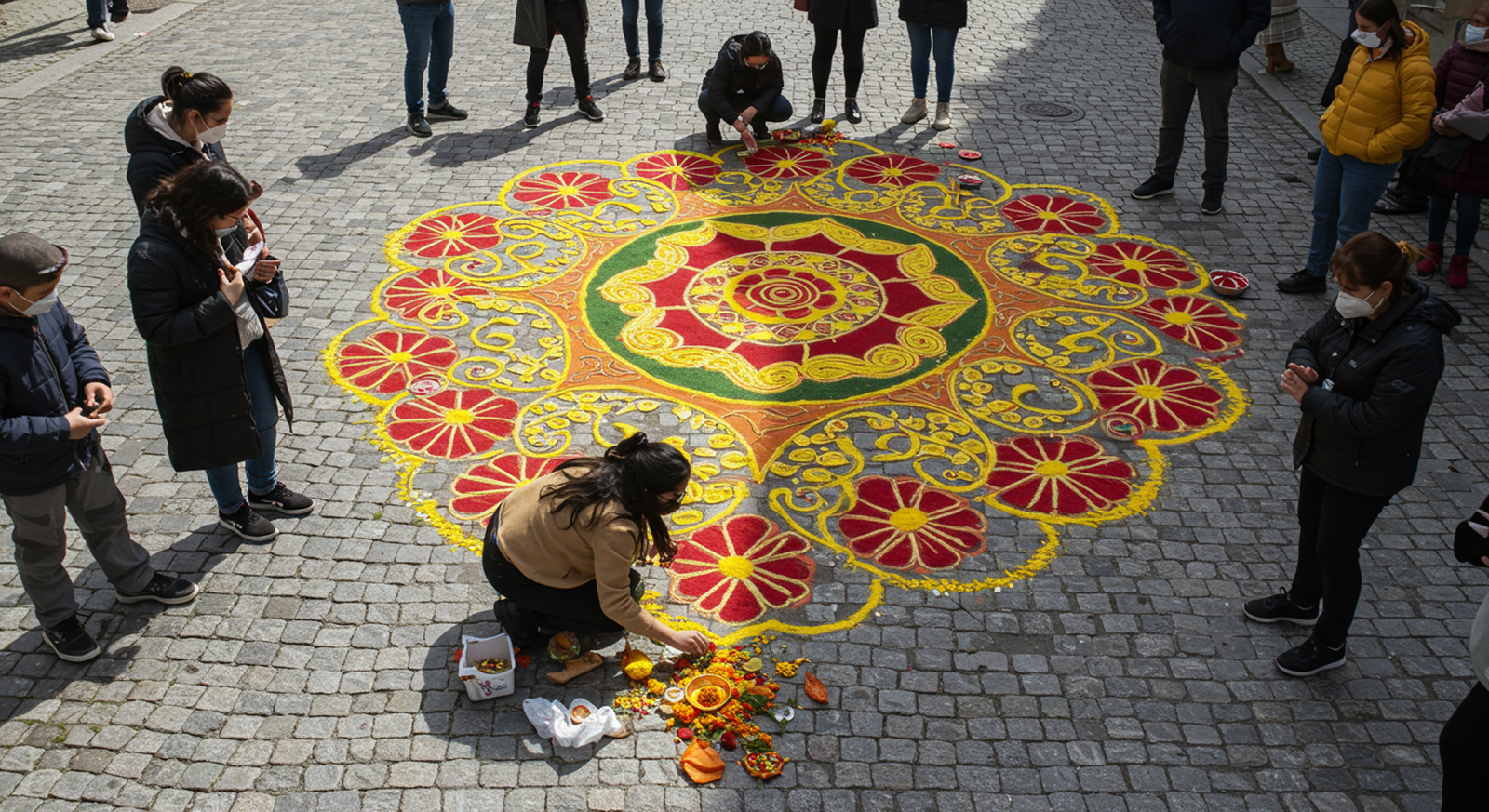 More Than Just Lights: The Beautiful Stories and Traditions of Diwali 3 colorful Rangoli pattern being made in stockholm