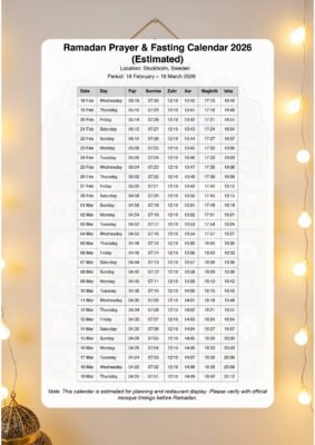 Swedish Ramadan Calendar for 2026
