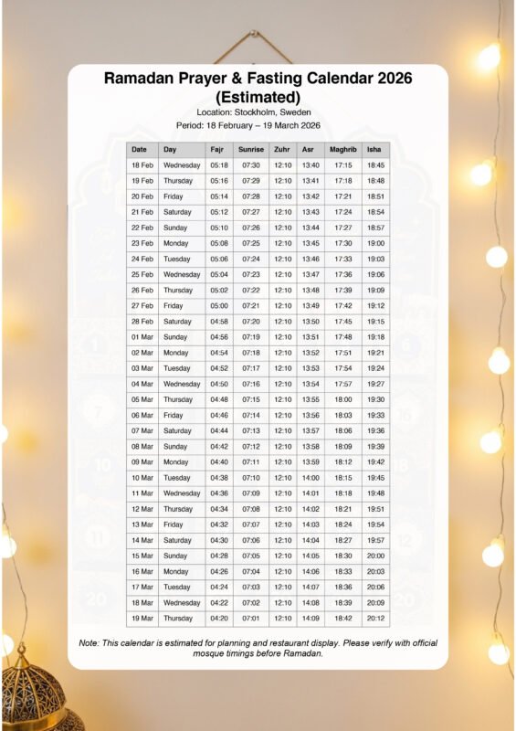 Swedish Ramadan Calendar for 2026