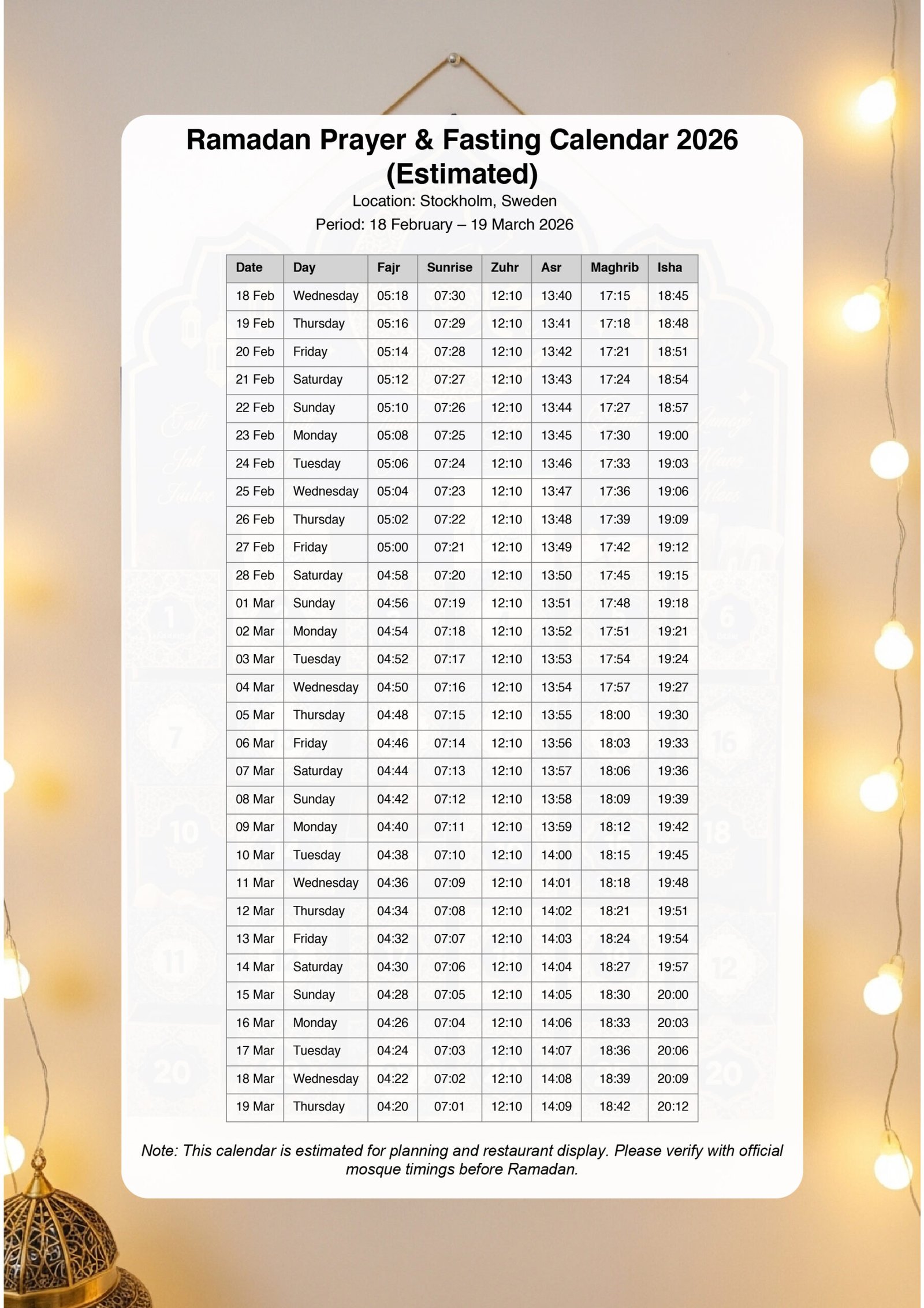 Swedish Ramadan Calendar for 2026