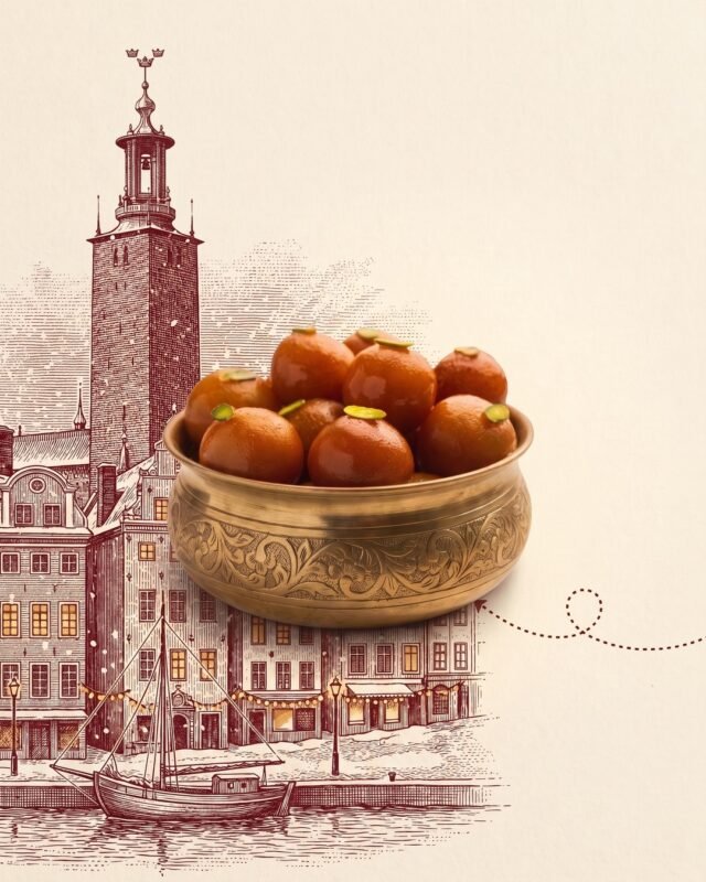 Anmol gulab jamun in a brass bowl in front of an engraved Stockholm City Hall and Gamla Stan