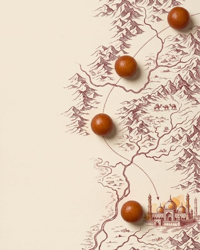 Antique engraved map of the route from Persia to India with gulab jamun as markers