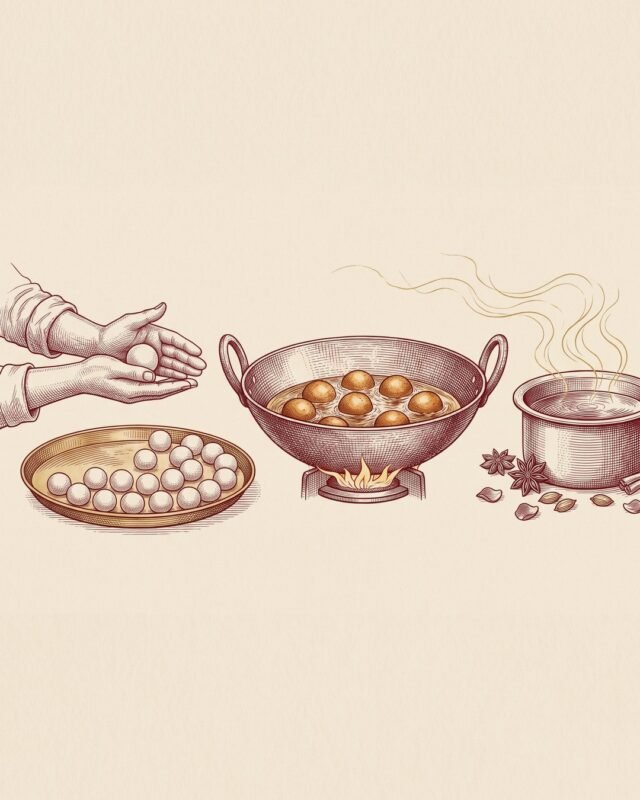 Engraving of gulab jamun being rolled by hand, fried in a kadai and soaked in syrup