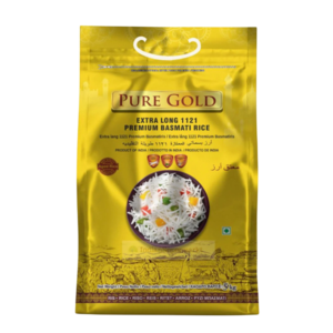 Golden shiny pack of pure gold extra long 1121 Basmati rice in 5kg packing.