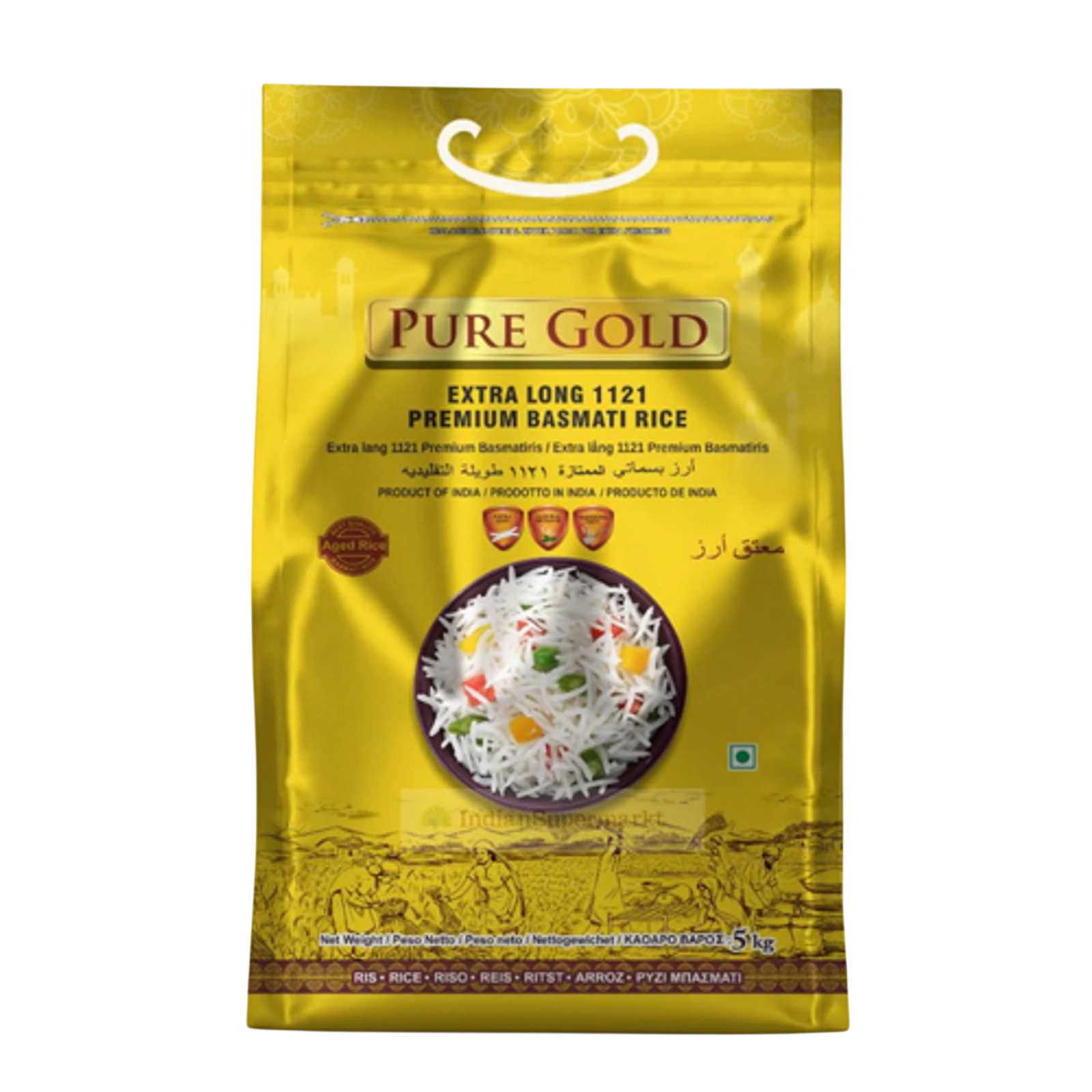 Pure Gold Extra Long 1121 Premium Basmati Rice (Extra Långkornigt Basmatiris) 2 Golden shiny pack of pure gold extra long 1121 Basmati rice in 5kg packing.